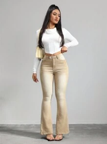 SHEIN Tall Pantalones vaqueros para mujeres ajustados y elásticos con piernas acampanadas, pantalones acampanados color caqui para mujeres altas, pantalones vaqueros de tiro bajo para mujeres, pantalones de invierno acampanados, jeans de tiro alto para mamá.
