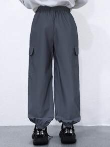 Kids/Tween Boys Casual Reflective Material Patch Pockets Relaxed Fit Drawstring Waist Pants, Suitable For School, Garden, Beach, Birthday, Spring, Summer, Autumn, Winter - Grey - View 5