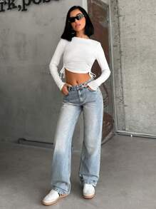 EURMUSE WOMEN STRAIGHT LOW WAIST JEANS - Medium Wash - View 3