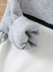 SHEIN Leap Crew 2 件套男婴/女婴花卉印花撞色运动服连帽衫和运动裤，灰色和白色，适合秋冬季休闲、通勤、上学、运动