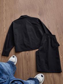 Manfinity VCAY 2pcs Men's Woven Casual Everyday Young English Print Long Sleeve Shirt & Elastic Waist Straight Leg Shorts Set