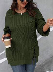 EMERY ROSE Plus Size Cross-Wrap Split Hem Solid Color Casual Sweater, Autumn/Winter Knit Pullover Fall Outfit