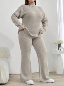 EURMUSE Plus Size Turtleneck Drop Shoulder Sleeve Sweater And Pants Set, For Winter - Mocha Brown - View 5