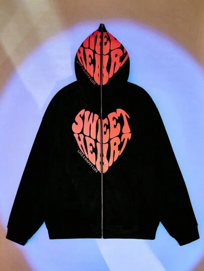 Manfinity VCAY 大码男士休闲宽松心形印花落肩针织长袖连帽运动衫，适合秋冬