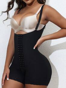 1pc Women's Fashion Elastic Lace Patchwork Front Button Jumpsuit - Black - View 3