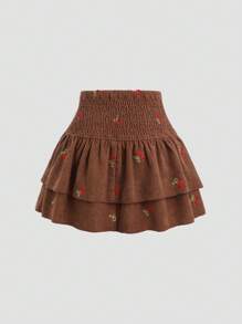 Sweetra Váy xếp ly nhiều lớp thêu họa tiết quả anh đào, vải nhung nhung cổ điển ngọt ngào, dễ thương, thời trang thu đông cho nữ Y2K - màu nâu - Xem 2