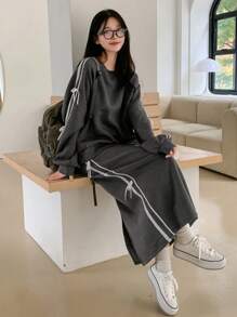 DAZY Bộ 2 áo nỉ và quần dài cho nữ, áo chui đầu cổ tròn tay dài có nơ trang trí, bộ đồ thể thao thu đông cho nữ - Màu Xám nhạt - Xem 6