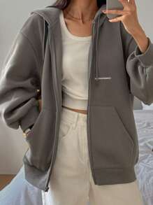 DAZY 女士针织连帽衫外套，字母印花，女士外套 - 灰色 - 查看 2