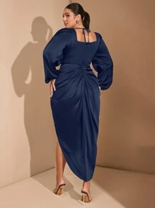 SHEIN BAE BAE Autumn And Winter Long Sleeve Plus Size Solid Color Black Bra Cup Detail Draped Slit Dress Party Halloween Satin Senior Women