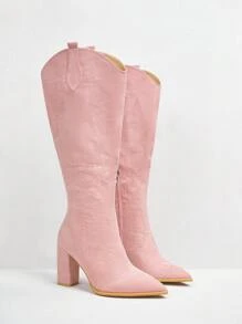 Styleloop 时尚秋冬女士高跟过膝靴，性感派对细跟长靴，波西米亚风格，复古美式，波西米亚风，西部音乐节，派对，圣诞节，万圣节 - 粉色 - 查看 5