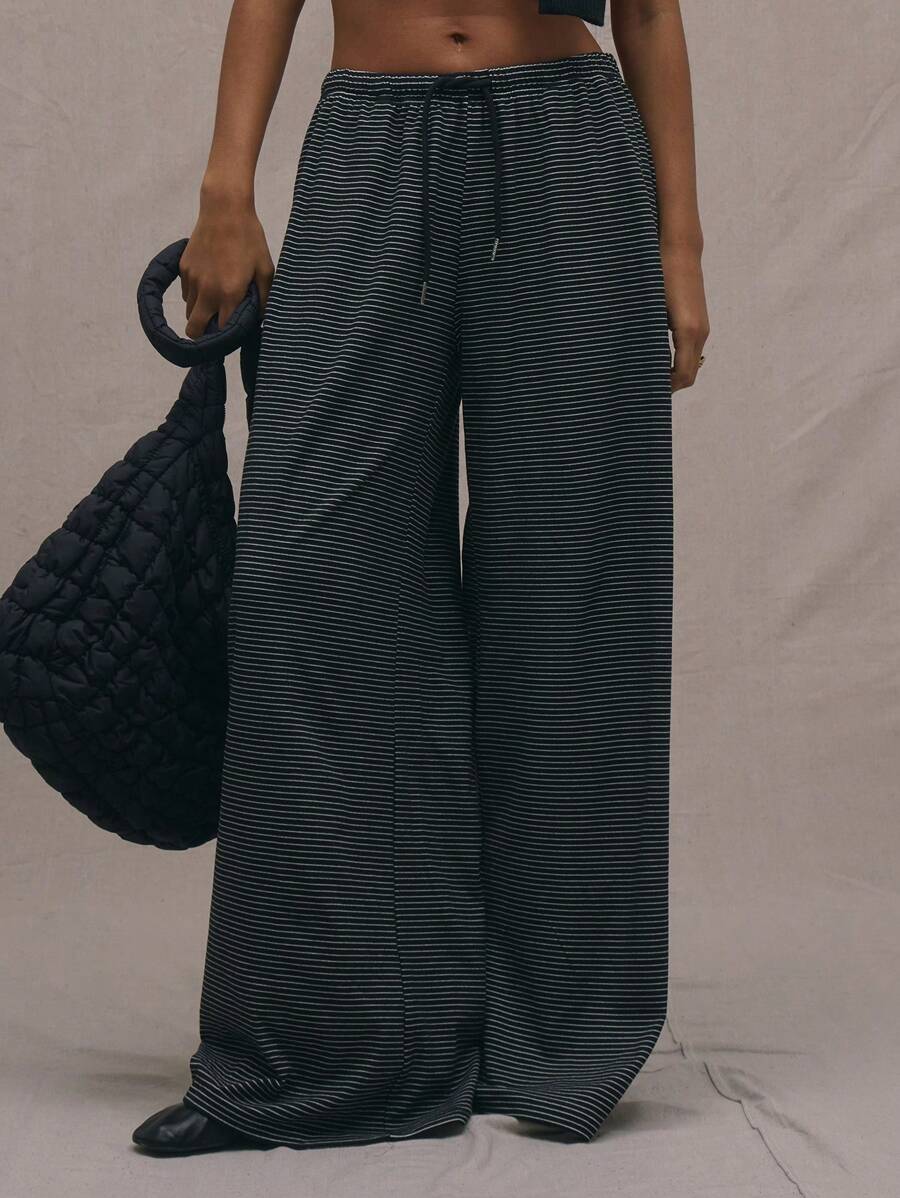 MUSERA Celana Panjang Bergaris Lebar Kasual Elegan untuk Musim Panas - Hitam dan Putih - View 1