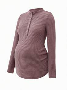 SHEIN 2 件套纯色孕妇纽扣半襟长袖休闲运动 T 恤 - 紅白色 - 查看 7