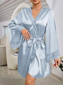 Women's Elegant Solid Color Lace Patchwork Bell Sleeve Robe, For Autumn Luxe Loungewear, Fall  Cozy And Elegant Details
