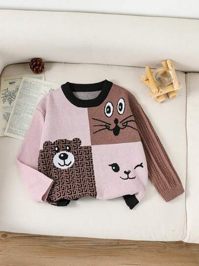 SHEIN 1 pieza Jersey de cuello redondo de punto. Nuevo artículo de moda para niños en otoño/invierno. Suave combinación de color marrón y claro, color armonioso. El lindo diseño de animales agrega diversión al estilo. Apropiado para que los niños vivaces y adorables lo usen en otoño/invierno