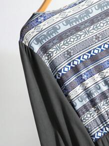 Al Najma Plus Size Vintage Geometric Print Patchwork Casual Dress, Autumn - Dark Grey - View 10