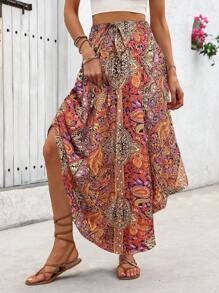 Breezaya All-Over Print Asymmetric Hem Skirt For New Year Clothes Maxi Fall Cloth For Women