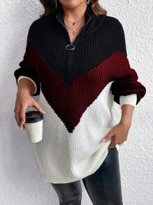 SHEIN LUNE Plus Size Solid Color Stitching Front Zipper Long Sleeve Minimalist Pullover Sweater, For Winter