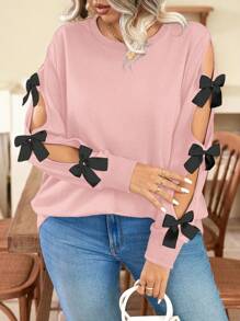 SHEIN Clasi 大码圆领时尚蝴蝶结装饰镂空长袖休闲套头卫衣 - 粉色 - 查看 4