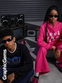 Bộ 2 áo hoodie crop top họa tiết chữ cho bé gái tuổi teen và quần dài ống rộng rộng rãi - Màu Hồng Tươi - Xem 7