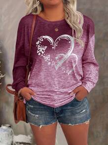 Plus Size Women's Casual Long Sleeve T-Shirt With Butterfly & Heart Prints, Autumn Graphic Tees Women Tops For Spring Outfit
