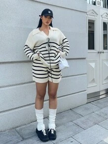 POPSWAY French Elegant Color Block Stripe Polo Collar Slouchy Pullover Long Sleeve + Shorts 2pcs Suit Knit Set For Women, Autumn/Winter Fall Cloth For Women - Multicolor - View 8