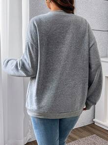 女式休闲图案印花落肩宽松羊毛圆领运动衫，秋冬 - 灰色 - 查看 2