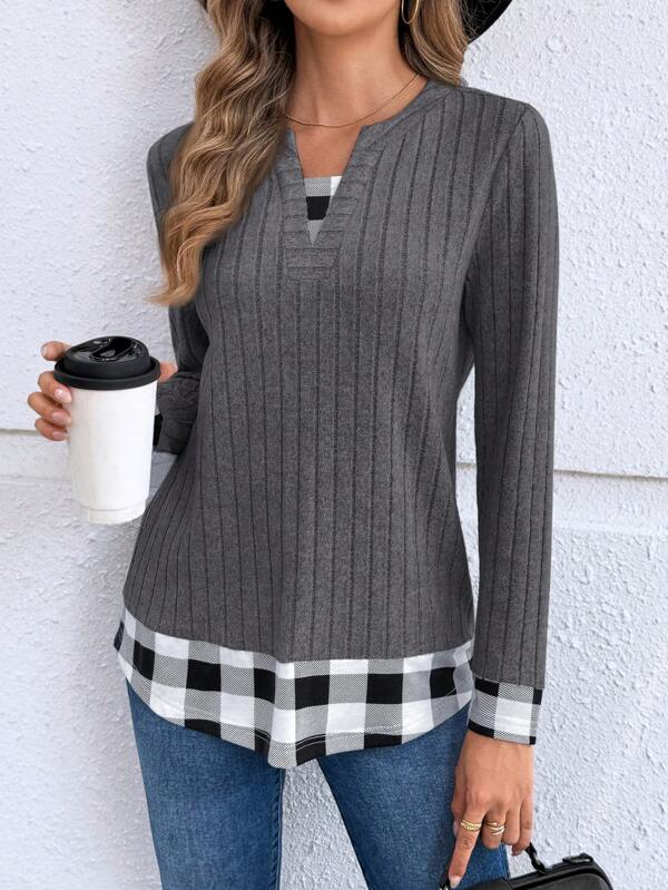 EMERY ROSE Women's Autumn Plaid Colorblock V-Neck Long Sleeve Casual T-Shirt