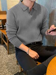 DAZY 男士休闲 Polo 领长袖条纹套头毛衣商务装 - 灰色 - 查看 5