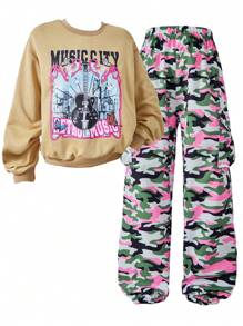 SHEIN Explorewe 2 件套 Tween Girl 迷彩裤和吉他字母印花运动衫套装 - 彩色 - 查看 7