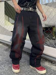 Manfinity EMRG 男士休闲街头潮流低腰刺绣图案宽松阔腿牛仔裤（不含腰带）图案深色牛仔裤长款宽松纯黑色洗水工装牛仔裤，适合丈夫、男朋友的礼物 - 黑色 - 查看 4