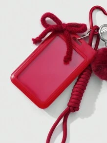 ROMWE Kawaii 1 件甜美酷炫时尚高品质学院风秋冬红色毛绒球纱蝴蝶结可调节挂绳纯色透明校园卡 ID 夹 DIY 钥匙扣包饰，适合上班族、学生、日常穿着和礼物
