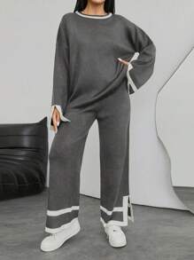 EURMUSE 1pc Contrast Trim Drop Shoulder Sweater & 1pc Knit Pants - Dark Grey - View 4