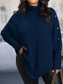 EMERY ROSE Plus Size Women Solid Color Turtleneck Batwing Sleeve Casual Sweater For Autumn And Winter Knit Pullover Fall - Royal Blue - View 6
