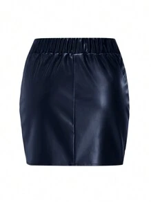 女士秋冬休闲纯色裹身褶饰紧身迷你裙 - 藏蓝色 - 查看 2