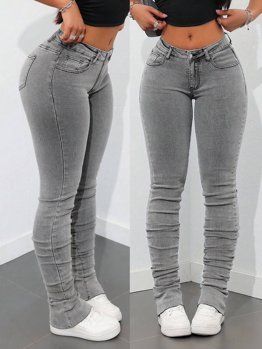 SHEIN Tall Quần Jeans Jeans Skinny Loe Rách Rách - Màu Xám nhạt - Xem 1