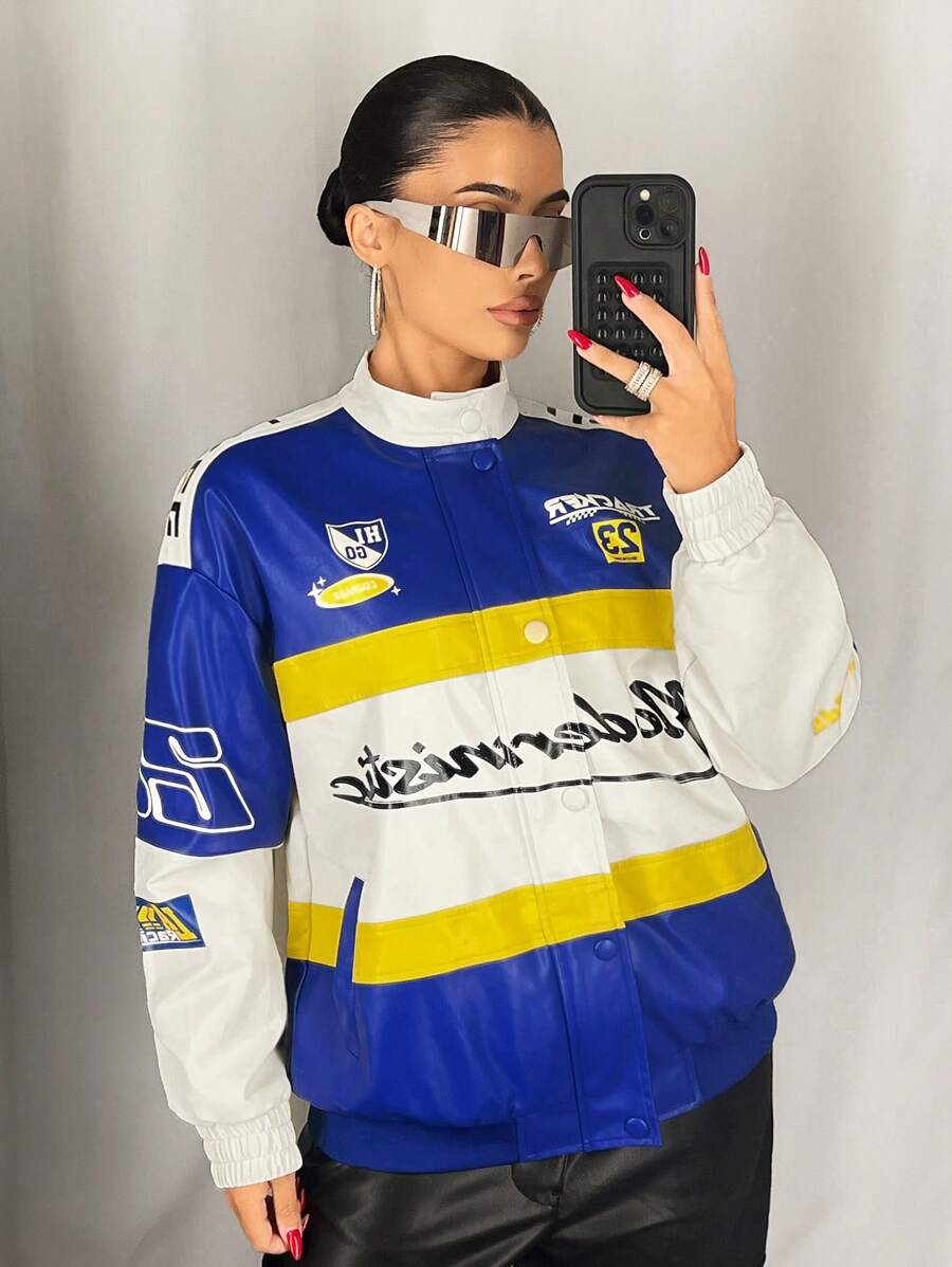 SHEIN ICON 复古摩托车图案拼色宽松 PU 皮夹克，克莱因蓝色 - 彩色 - 查看 1