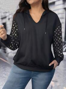 SHEIN LUNE 大码女式连帽镂空长袖套头卫衣 - 黑色 - 查看 5