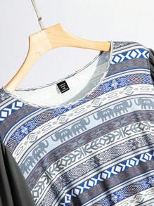 Al Najma Plus Size Vintage Geometric Print Patchwork Casual Dress, Autumn - Dark Grey - View 6