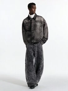 NEON BLANC 男士街头风格字母贴片黑色口袋编织棉质深色牛仔布长袖夹克 - 灰色 - 查看 8