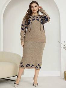 Mulvari Plus Size Women Colorblock Leaf Pattern Crew Neck Long Sleeve Sweater And Knitted Mini Skirt Casual Set 2 Pieces Set - Mocha Brown - View 1