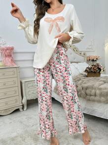 Set de ropa de dormir de 2 piezas con top y pantalones, con estampado floral y lazo de encaje de manga larga holgada