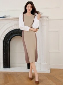 DAZY Váy len thắt eo phối màu cho nữ, trang phục mùa thu - Màu Khaki - Xem 5