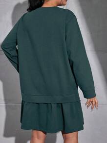 RueChic Plus Size Solid Color Round Neck Long Sleeve Minimalist Short Casual Dress - Army Green - View 2