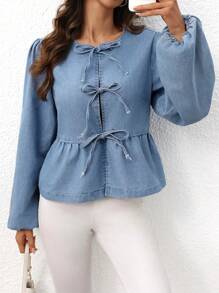 SHEIN Essnce 1 件女士休闲日常前系带灯笼袖牛仔衬衫，秋季