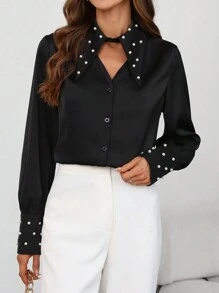 SHEIN Clasi 女士纯色水钻珍珠镂空纽扣长袖衬衫，适合秋季女士衬衫 - 黑色 - 查看 3