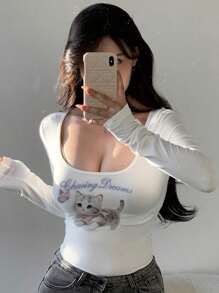 DAZY 女士休闲猫咪字母印花修身 T 恤，秋季长袖女上衣，秋季女装 - 白色 - 查看 2