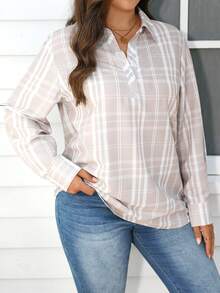 INAWLY Áo sơ mi polo dài tay kẻ caro cỡ lớn cho nữ, mùa thu - Màu Khaki - Xem 3