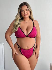 Set de sujetador y pantie de tallas grandes con tirantes de espagueti y borde de contraste sin aros - Rojo violeta - Ver 3