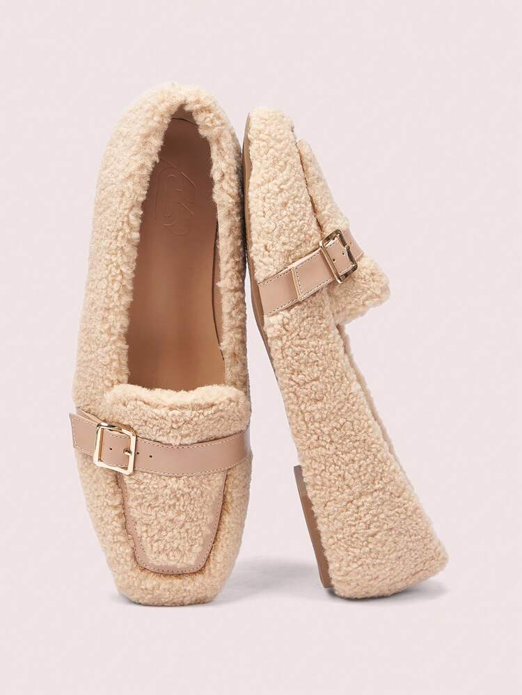 CUCCOO DOLLMOD Square Toe Furry Ballet Flats For Women New Year Holiday Valentines