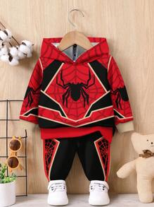 SHEIN Baby Boy Casual Minimalist Loose Comfortable Knit Soft -Style Spider Graphic Print Hoodie And Pants Set, Suitable For Autumn/Winter
